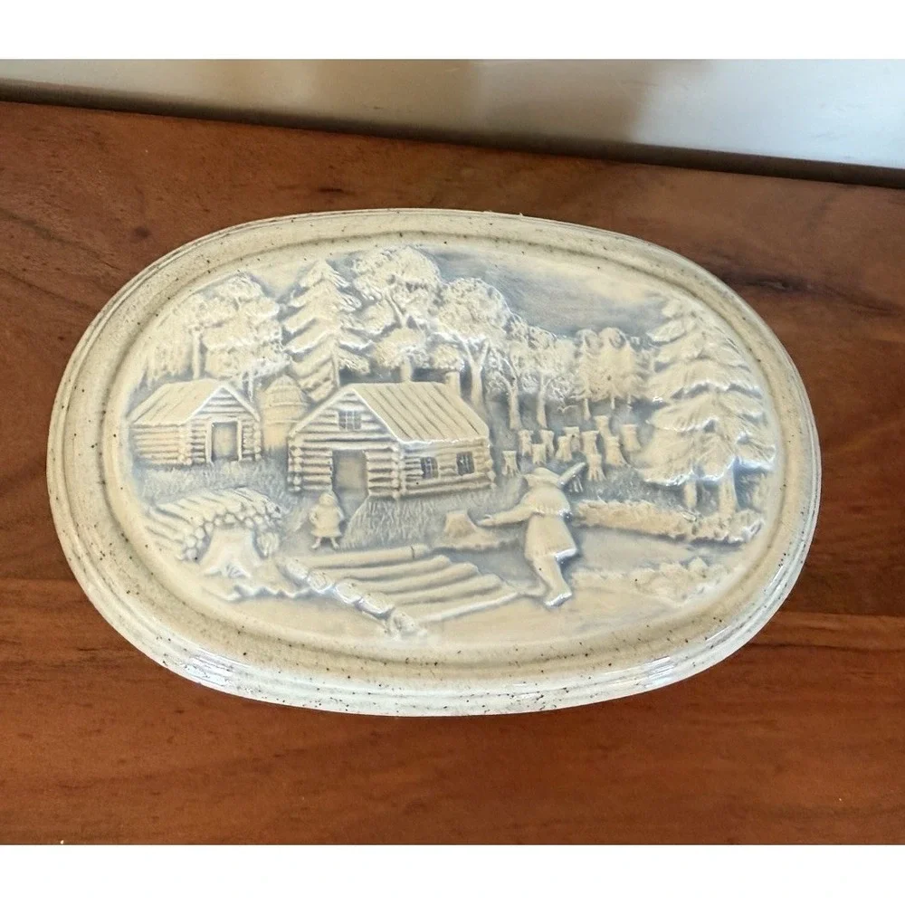 VTG Hershey Mold Trinket Box Jewelry Oval‎ Pioneers Log Cabin Ceramic 3D Signed